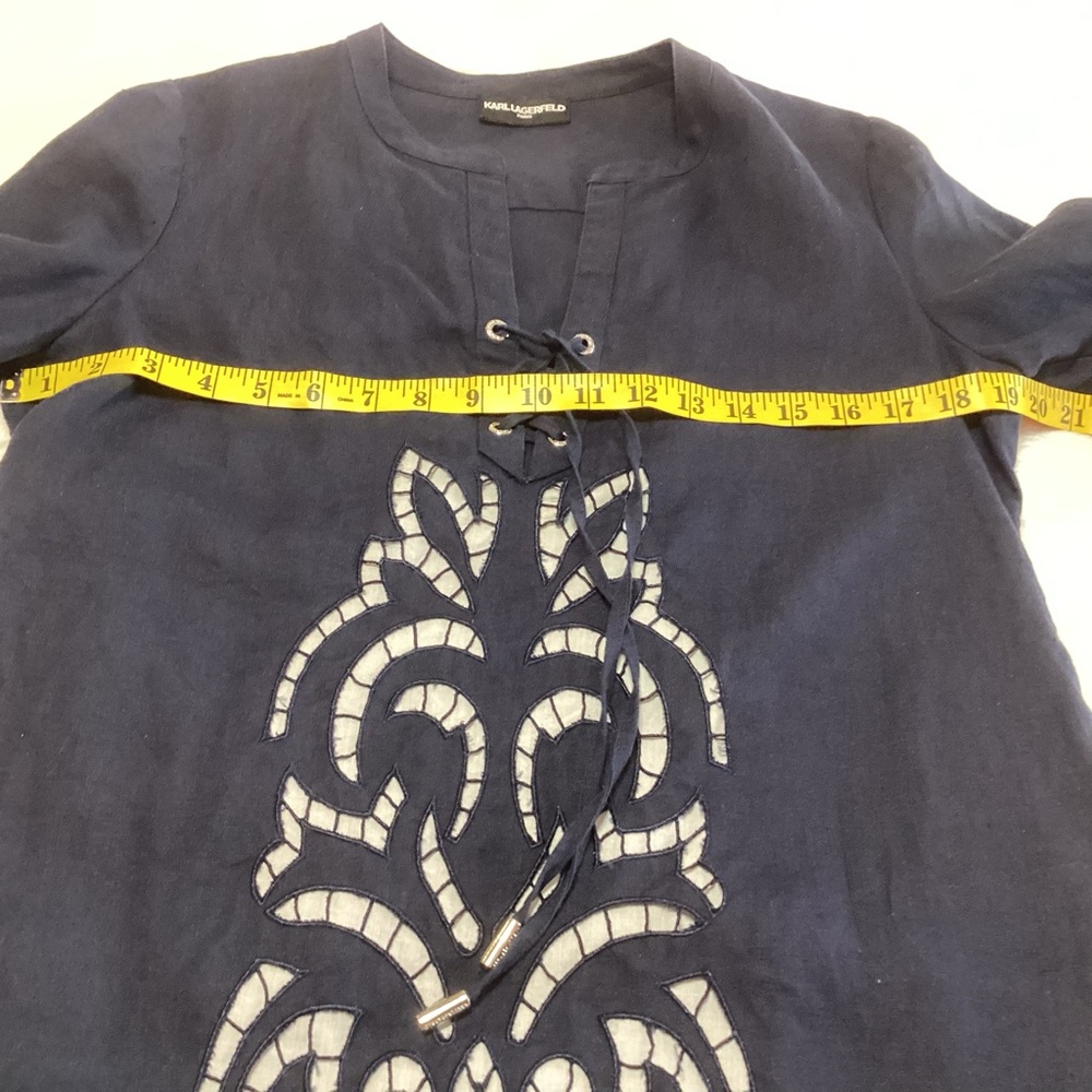 KARL LAGERFELD PARIS SAMPLE Linen Lace-Up Mini Dress W/Cut-Out Detailing Blue M - Picture 6 of 8